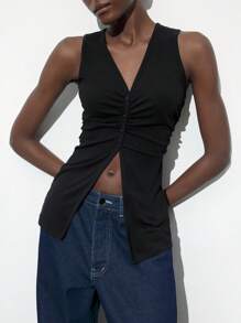 Maija Blusa larga de mujer con cuello en V negro sólido, diseño fruncido, sin mangas, apta para usarse en resorts y festivales