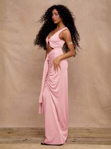 MUSERA Slinky Cut Out Ruched Drape Maxi Holiday Party Dress Elegant Spring Summer Vacation Prom - Pink - View 4