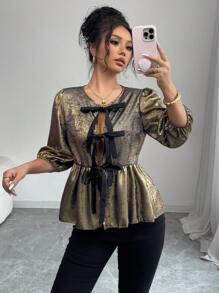 Elenzga 女士简约时尚休闲日常衬衫 - 金色 - 查看 4