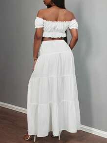 Veslaya Plus Size Summer Beach Vacation French Sweet Lovely Date Off-Shoulder Ruched Ruffle Blouse & Tie Waist Ruffle Hem Maxi Skirt 2 Pieces Resort Set - White Women Summer Clothing Woman S Summer Clothes Women Casual Dress Women Dresses Elegant Gown Women Dresses Birthday - White - View 2