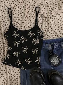 SHEIN Leap Crew 少女复古豹纹蝴蝶结，休闲简约可爱上衣，适合春夏季 - 彩色 - 查看 4