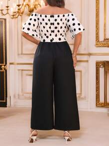 SHEIN Clasi 大码女式波尔卡圆点露肩短袖系带拼接连体裤，优雅