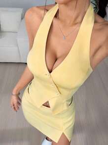 Flirla Asymmetric Lapel Button Vest & Low Waist Skirt Set - Yellow - View 1