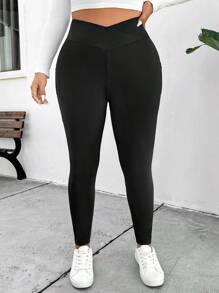 SHEIN Frenchy 大码女式紧身休闲黑色打底裤，弹性面料，适合外出和日常穿着 - 黑色 - 查看 4