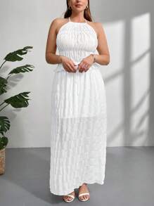 Firerie Set de 2 piezas para talla grande: Top de camiseta sin mangas de tela texturizada blanca y transparente con tirantes y falda larga holgada con opción de lazo y forro interior, elegante y apropiado para vacaciones, tardes de té, citas, conciertos, fiestas, estilo retro escolar, sesiones de fotos en la playa.