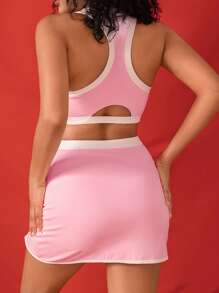 SHEIN Sports Women's Solid Color Crew Neck Sleeveless Minimalist Top And Shorts Sports Suit - Pink - View 3