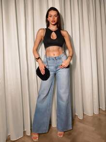 Glamine Women Solid Color Splice Rhinestone Tassels Hollow Out Crop Top - Black - View 6