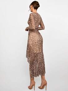 Aloruh Women's New Mesh Leopard Print Tight Long Sleeve Deep V Waist Ruched Ruffled Trim Elegant Fitted Jumpsuit Dress
