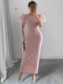 Chiquease 2pcs European And American Stylish Patchwork Ruffled Sleeve Fitted Lace Dress For Women, Random Flower Pattern, Spring/Summer - Pink - View 1