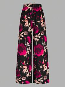 SHEIN Elenzya 大码高腰印花休闲裤，简约风格，适合日常穿着，情人节春季女装，简约可爱节日女士优雅阔腿裤 - 玫紅色 - 查看 2