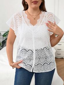 SHEIN Frenchy Plus Size Lace Trim Cap Sleeve Blouse, Casual & Fashionable For Everyday Wear - Apricot - View 6