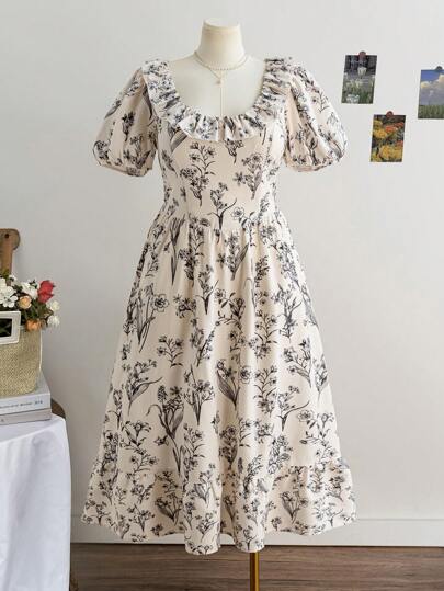 Dreamara Plus Size Women's Retro Print Square Neck Puff Sleeve Maxi Dress, Spring Resort Wear