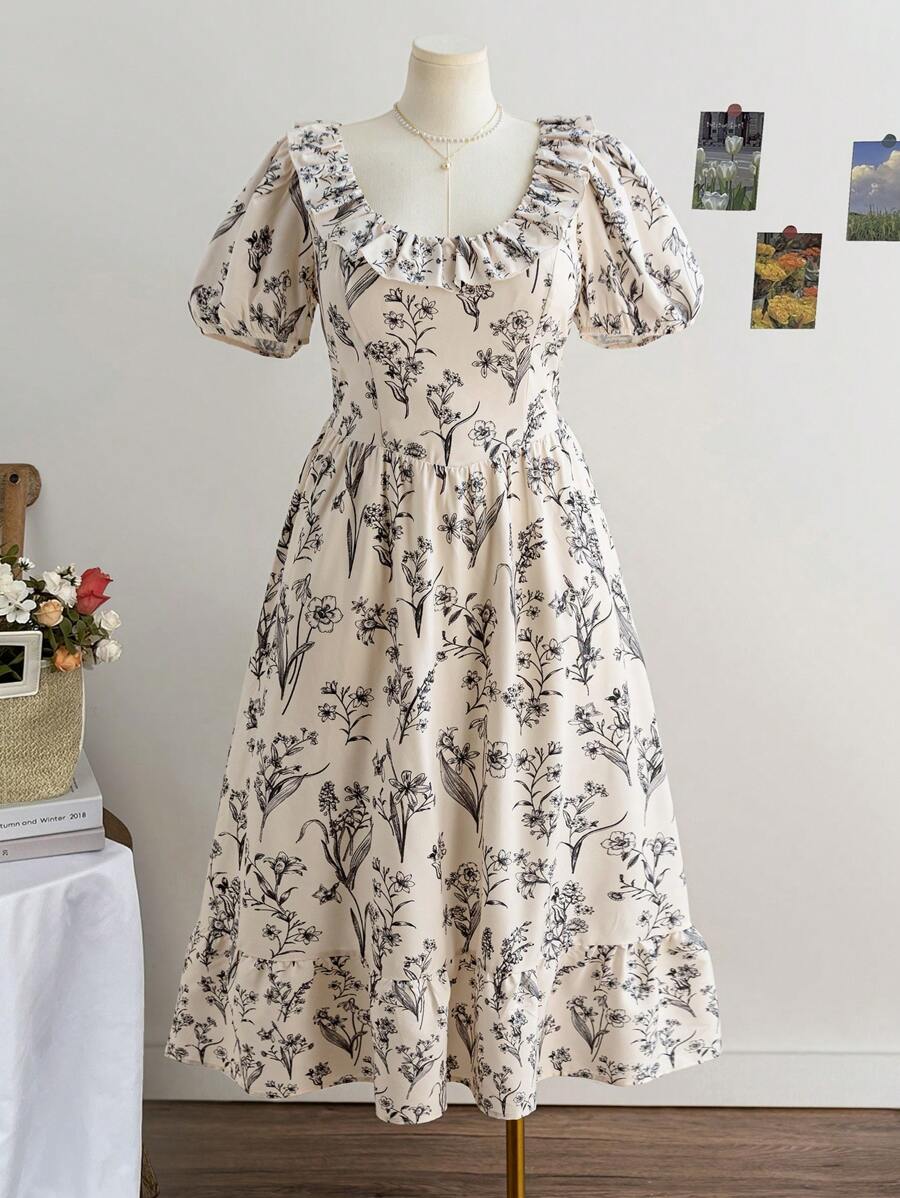 Dreamara Gaun Maxi Wanita Ukuran Plus Motif Retro Leher Persegi Lengan Mengembang, Pakaian Liburan Musim Semi - MultiWarna - View 1