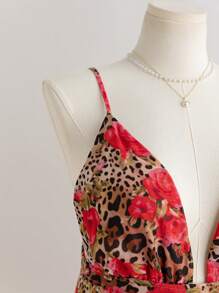 Soleia Plus Size Women Red Sequin,Summer,Girlism,Vacation,Holiday Leopard & Flower Print Waisted A-Line Backless Mini Dress,Music Festival Boho Style - Multicolor - View 8