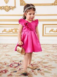 女婴优雅迷人缎面荷叶边连衣裙，玫瑰红色 - 玫紅色 - 查看 3