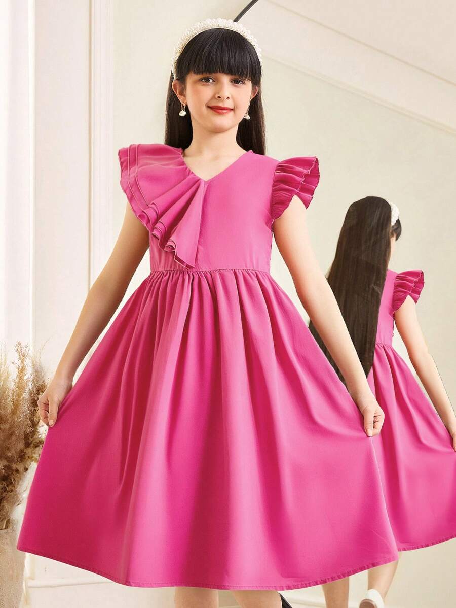 SHEIN Vestido informal para niñas preadolescentes con mangas de vuelo, recorte de volantes asimétrico y elegante - Rosa Fucsia - Ver 1