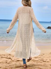 EMERY ROSE Women's Holiday Casual Solid Color Hollow Knitted Side Slit Thin Cardigan - Apricot - View 2