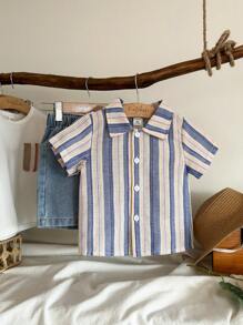 SHEIN Vintaside Kids Baby Boy Casual Outfit Set: Collared Short Sleeve Striped Shirt With Washed Denim Shorts, Suitable For Spring/Summer Wear, Home, Vacation, Gathering, Providing Comfortable And Fashionable Look - Multicolor - View 4