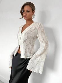 Almamuse Fashionable, Romantic And Elegant Solid Color Lace Bell Sleeve Blouse Fall Cloth For Women - White - View 5
