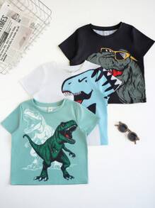 3pcs Young Boys Leisure Street Japanese And Korean Cute Loose Card Cute Cartoon Dinosaur Printed Round Neck Short Sleeve T-Shirt Multi Piece Set Suitable For Daily Travel, Sports, Home Vacation Wearing Suitable For Spring And Summer Festivals