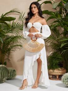 SHEIN SXY 女士手提包，竹节包，时尚优雅，简约个性，百搭，适合海滩、度假、节日、夏季、海边 - 杏色 - 查看 8