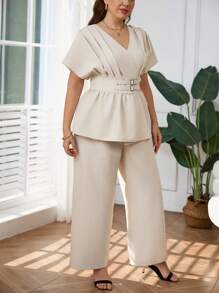 Firerie Plus Size Spring/Summer Comfortable Casual Elegant Daily Office Versatile Bamboo Knit V-Neck Top And Straight Leg Wide Pants 2 Pieces Set For Women