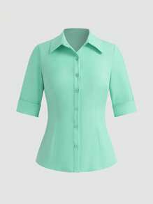 EMERY ROSE Women's Casual Simple Solid Color Short Sleeve Blouse - Green - View 1