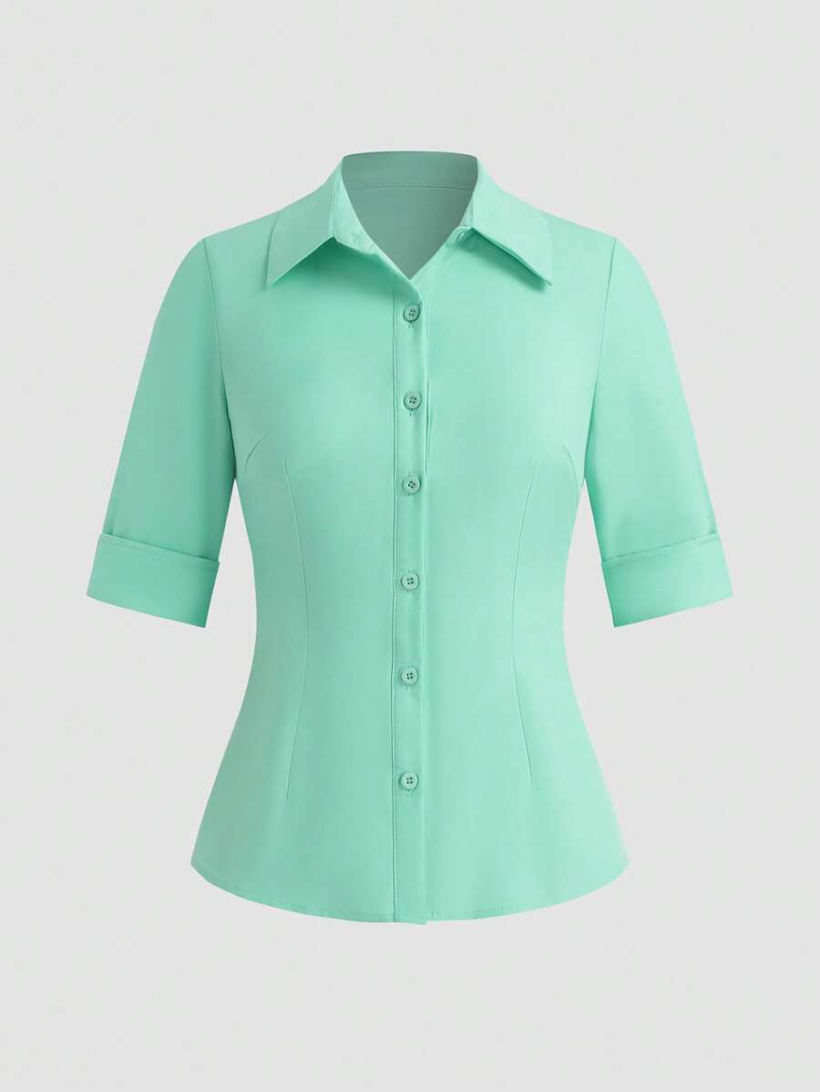 EMERY ROSE Women's Casual Simple Solid Color Short Sleeve Blouse - Green - View 1