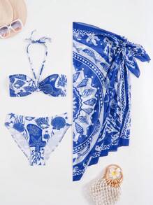 Slaydiva 3pcs Women's Swimsuit Set, Spring Break Style, Starfish & Seashell Print, Strapless, Drawstring Waist Skirt, Fashionable Casual Beach Vacation