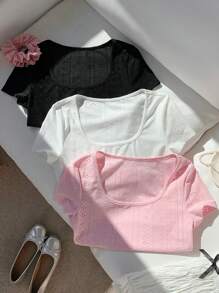 Comfortcana 女士春夏纯色短袖简约休闲可爱上衣，日常穿着 - 彩色 - 查看 1