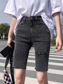 SHEIN Teen Girl Denim Bermuda Shorts,Tight, High-Elasticity Capri Pants,Kid Girls Spring And Summer Casual Vacation Hobo Wear - Dark Grey - View 1