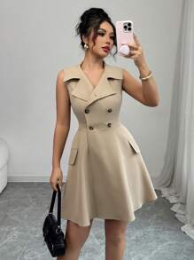 Elenzga 女士优雅法式纯色衬衫领双纽扣腰部 A 字形假口袋装饰无袖休闲度假迷你连衣裙