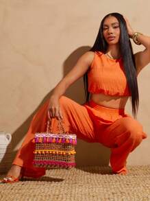 Vixey Textured Woven Pleated Wide Leg Pants, Summer Outfits For Women, Beach Outfits For Women, Spring Outfits For Women, Boho, Boho Women Clothing, Island Vacation Outfits - Orange - View 4