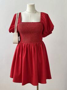 Sweetra Vestido de Manga Balão com Laço nas Costas, Estilo Romântico Minimalista de Princesa, Vestido para Campanha, Férias, Praia, Dia dos Namorados, Páscoa, Casamento, Plus Size, Primavera/Verão