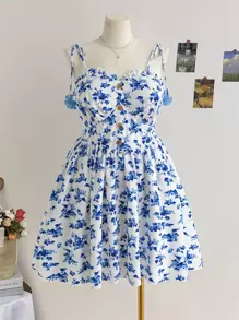 Soleia 大码女式蓝白花卉印花露肩系腰 A 字迷你连衣裙，春季假期 - 藍白色 - 查看 1