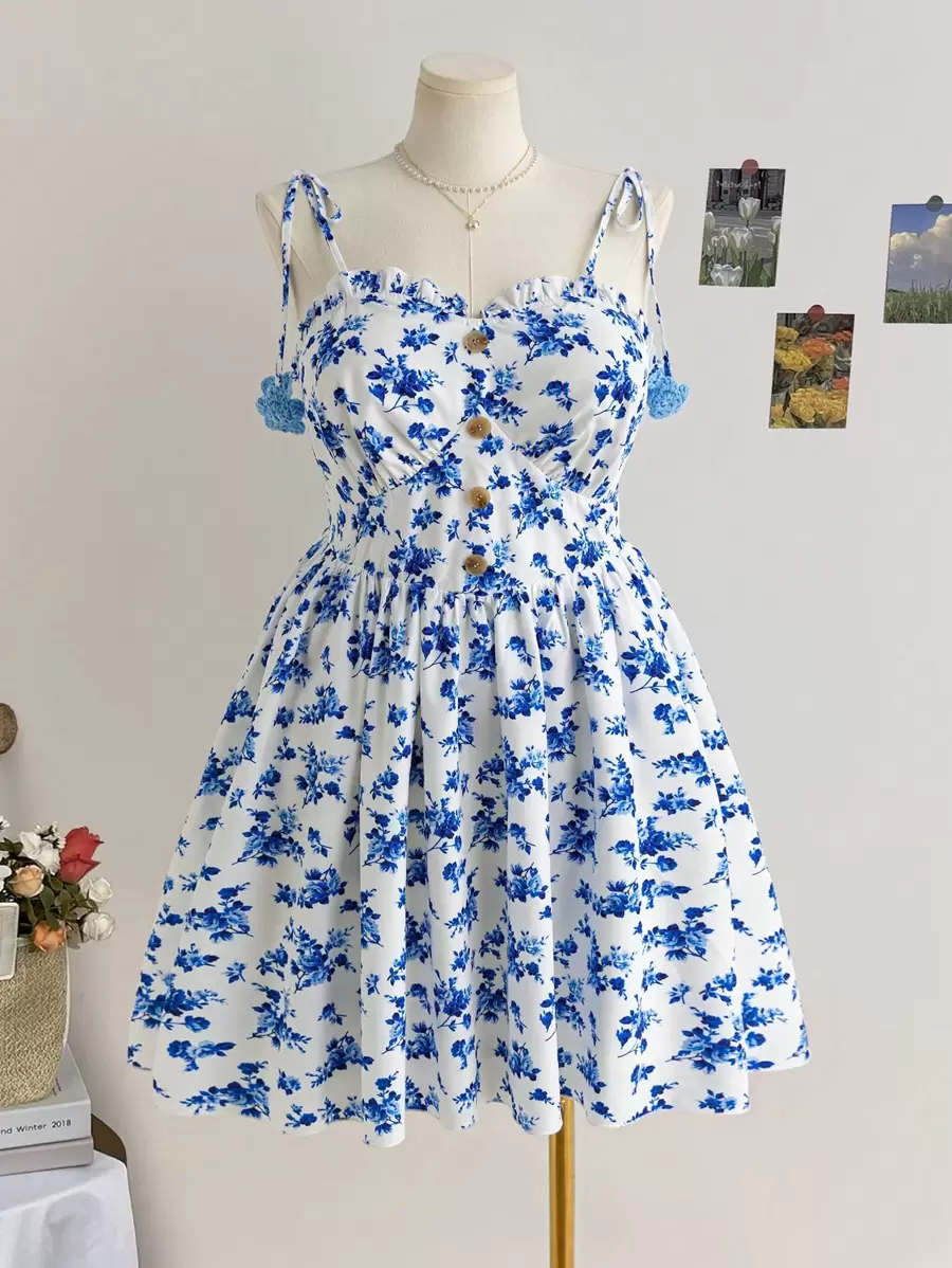 Soleia 大码女式蓝白花卉印花露肩系腰 A 字迷你连衣裙,春季假期 - 藍白色 - 查看 1