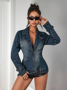SHEIN ICON 女士休闲牛仔夹克，简约时尚，适合日常穿着 - 藍色 - 查看 4