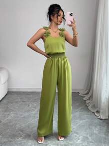 Elenzga Nouvelle combinaison ample sans manches décontractée avec décoration florale brodée, convenant pour les vacances printanières/estivales