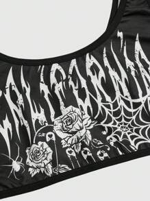 ROMWE Gothic Skeleton, Spider Web Printed Lingerie Set, Tank Top And Boyshort Panty - Black - View 7