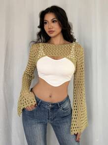 Chiquease 女式春夏钩针镂空透视不对称下摆超短款短款上衣沙滩罩衫，船领喇叭袖套头衫针织套头衫秋冬 - 卡其色 - 查看 1