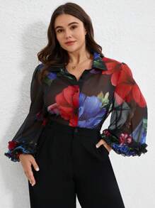 Aveloria Modichic Plus Size Chiffon Splicing Colorful Floral Print Layered Ruffled Cuff Long Sleeve Blouse, Elegant Design Fall Cloth For Women - Multicolor - View 1