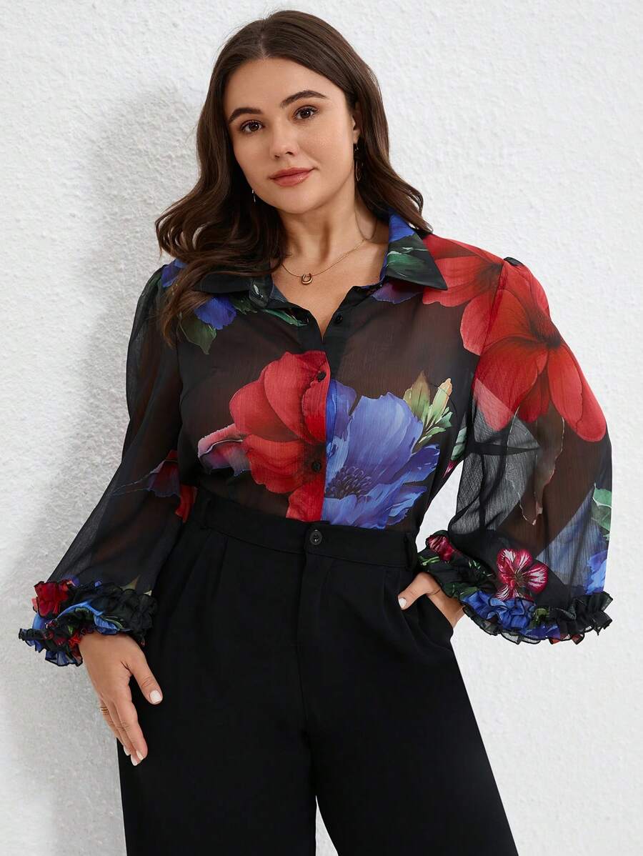 Aveloria Modichic Plus Size Chiffon Splicing Colorful Floral Print Layered Ruffled Cuff Long Sleeve Blouse, Elegant Design Fall Cloth For Women - Multicolor - View 1