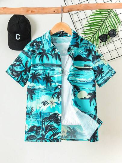 Tween Boy Casual Palm Tree & Sunset Print Revere Collar Short Sleeve Shirt, Suitable For Summer
