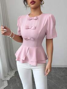 Elenzga Áo cánh tay ngắn màu hồng cổ tròn xếp ly hai lớp dáng chữ A tay bồng trang trí nơ 3D đơn giản cho nữ, thích hợp cho kỳ nghỉ/đi làm mùa xuân/hè - Hồng - Xem 6