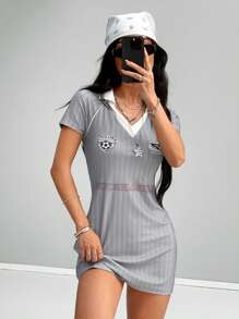 SHEIN EZwear Đầm ngắn hở vai họa tiết sọc số thường ngày thể thao xuân/hè cho nữ - Xám - Xem 4