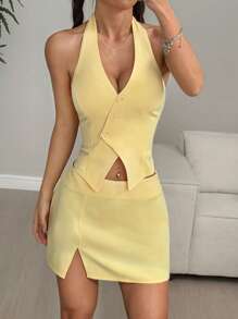 Flirla Asymmetric Lapel Button Vest & Low Waist Skirt Set - Yellow - View 5