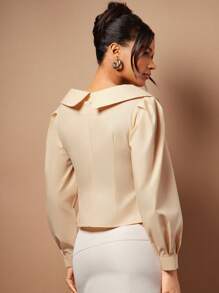 Hauture 夏季女士精致米色纯色泡泡长袖单排扣修身衬衫，开衩下摆，秋季，女士上衣，女士衬衫，优雅女士衬衫，夏季上衣，长袖上衣，短款上衣，办公室女性，老款，商务休闲女士。