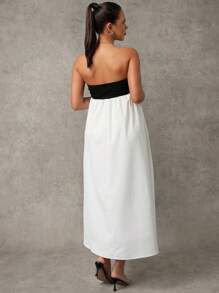 MaterniChic Maternity Solid Color Patchwork Strapless Minimalist Casual Long Dress - Black and White - View 2