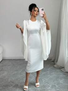 Elenzga Standard Sized Women's Sequin Stripe Decor Solid Round Neck Flare Sleeve Elegant Dress - White - View 5