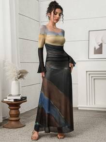 Modelyn Elegant Ombre Print Long Dress For Women,Long Sleeves Bodycon Dress - Multicolor - View 4